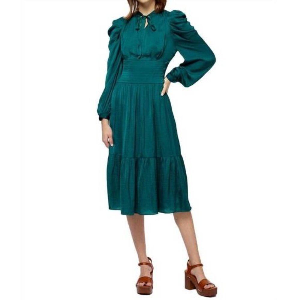 *Stellah Obi Midi Dress Green Puff Sleeve Tie Neck NEW size XL